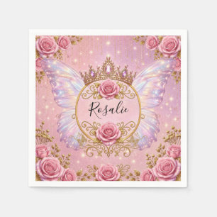 Pink & Gold Floral Fairy Princess Roses Butterfly Napkin
