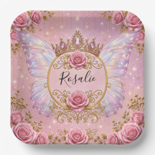 Pink & Gold Floral Fairy Princess Roses Butterfly Paper Plate