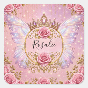 Pink & Gold Floral Fairy Princess Roses Butterfly Square Sticker