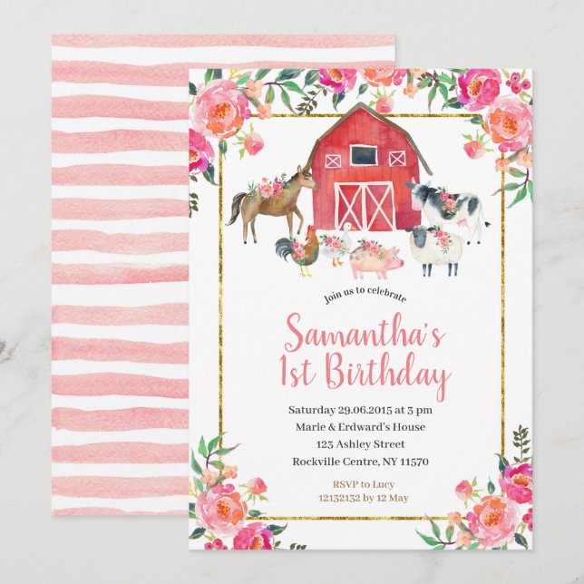 Pink Gold Floral Farm 1st Birthday Invitation (Front/Back)
