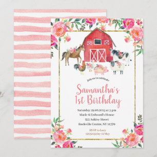 Pink Gold Floral Farm 1st Birthday Invitation