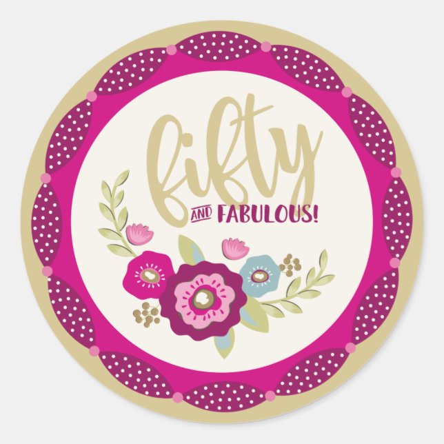 Pink Gold Floral Fifty Fabulous Birthday Classic Round Sticker (Front)