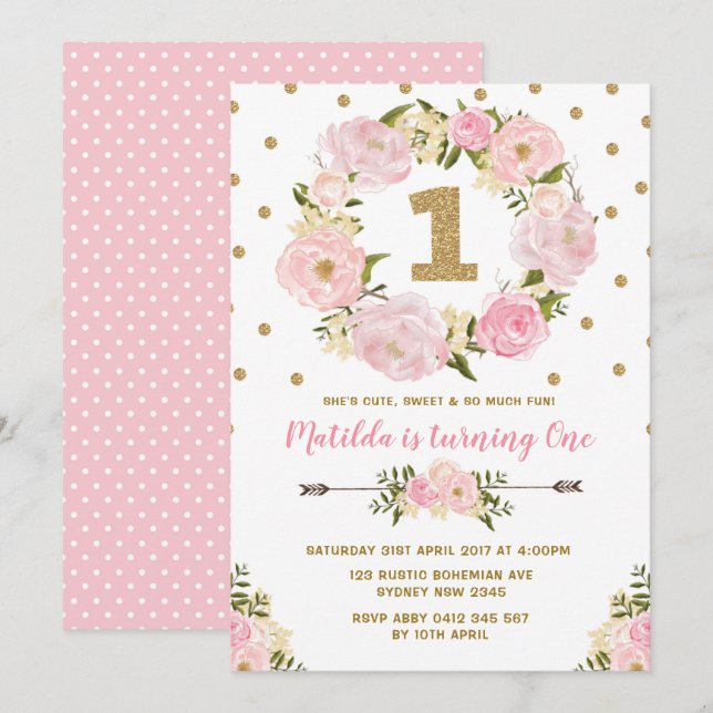 Pink & Gold Floral First 1st Birthday Party Invite (Front/Back)