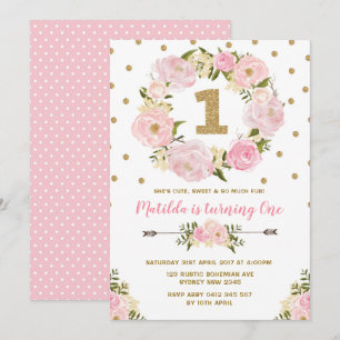 Pink & Gold Floral First 1st Birthday Party Invite