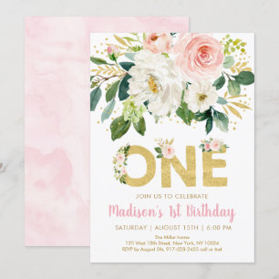 Pink Gold Floral First Birthday Invitation