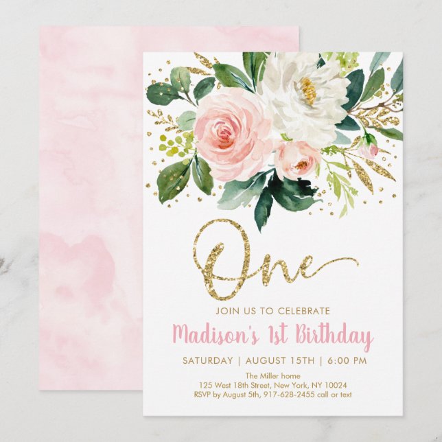 Pink Gold Floral First Birthday Invitation (Front/Back)
