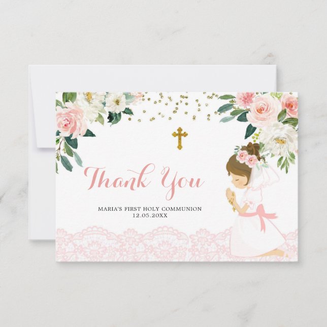 Pink Gold Floral First Communion Thank You Card (Front)