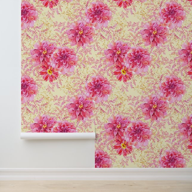 Pink Gold Floral Flowers on Cream  Wallpaper (Application)