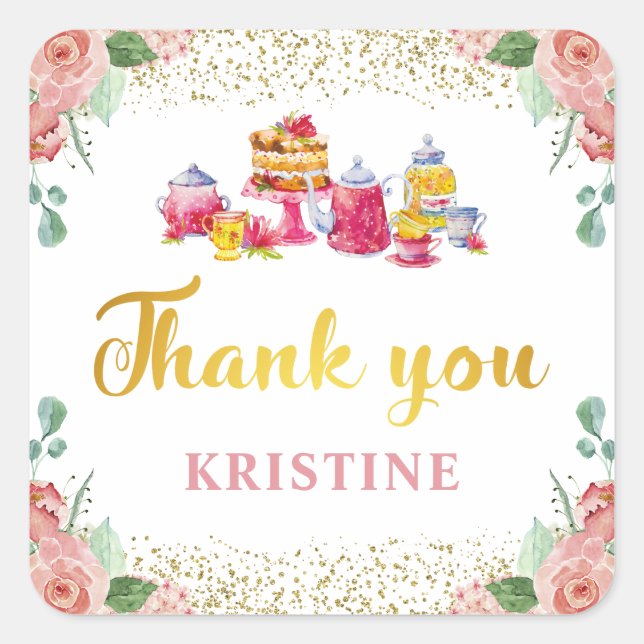 Pink Gold Floral Garden Tea Party Thank You Square Sticker (Front)