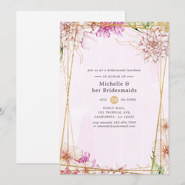 Pink & Gold Floral Geometric Bridesmaids Luncheon Invitation (Front/Back)