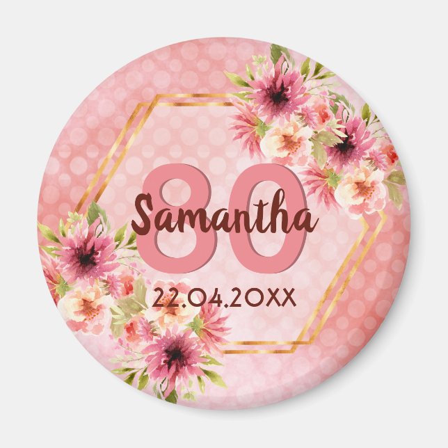Pink gold floral geometric date birthday magnet (Front)