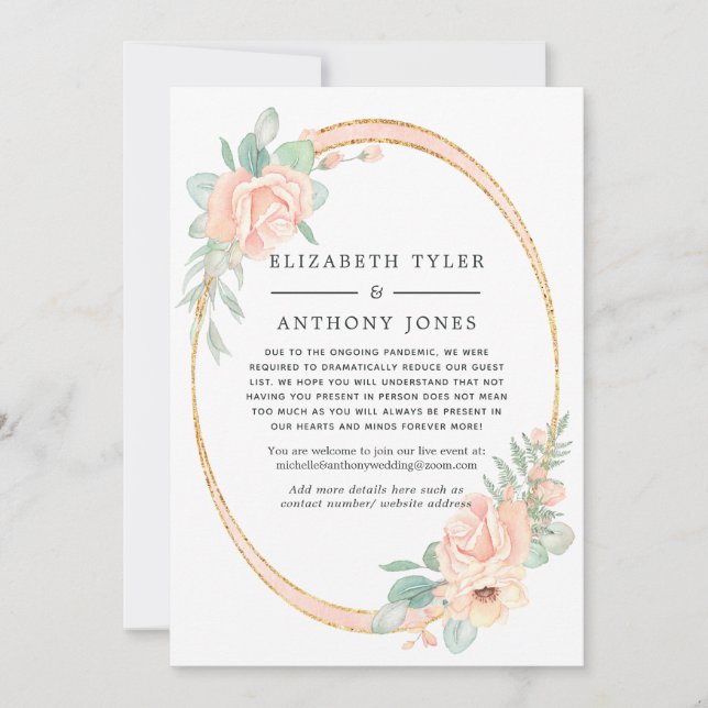 Pink & Gold Floral Geometric Reduced Wedding List Announcement (Front)