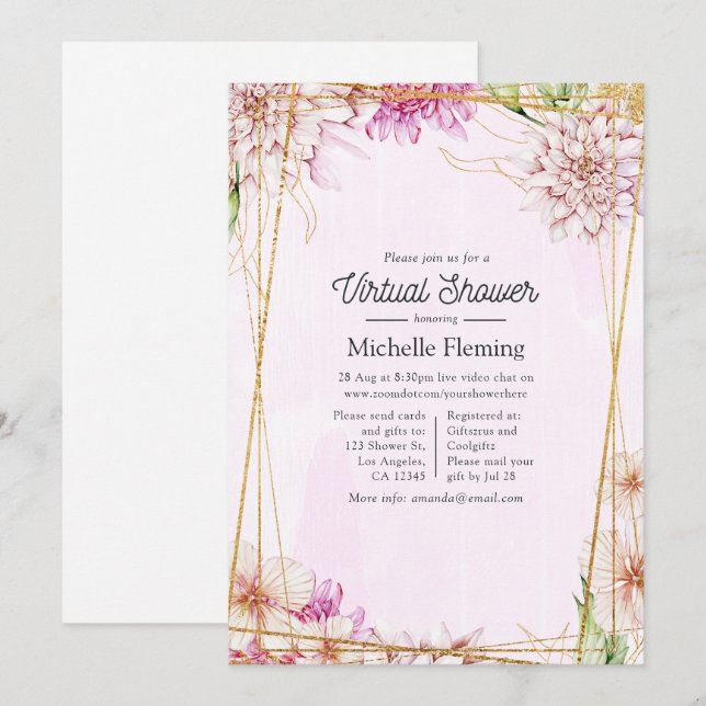 Pink & Gold Floral Geometric Virtual Shower Invitation (Front/Back)