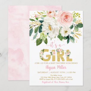 Pink Gold Floral Girl Baby Shower Invitation