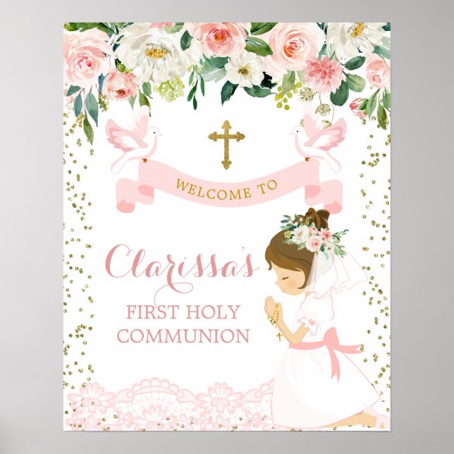 Pink Gold Floral Girl First Communion Welcome Sign (Front)