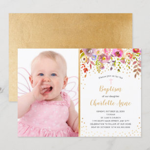 Pink Gold floral girl photo Baptism invitation