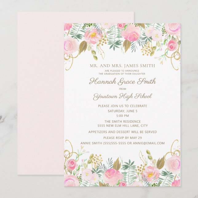 Pink Gold Floral Girls Graduation Party Invitation (Front/Back)