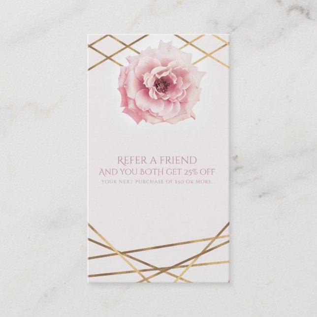 Pink & Gold Floral Glam Elegant Refer a Friend Referral Card (Front)