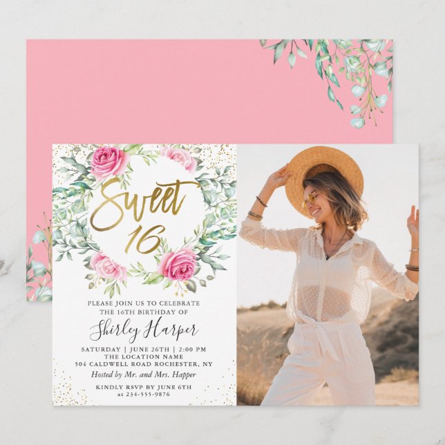 Pink Gold Floral Greenery Sweet 16 Birthday Photo Invitation (Front/Back)