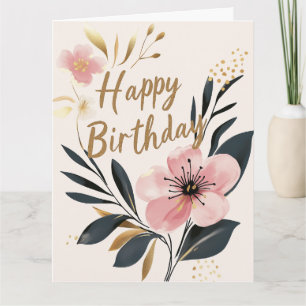 Pink Gold Floral Happy Birthday Card
