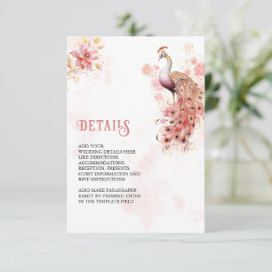 Pink Gold Floral Indian Peacock Wedding Details Enclosure Card