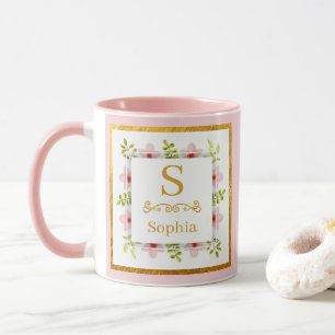 Pink & Gold Floral Initial Custom Name Gift Mug