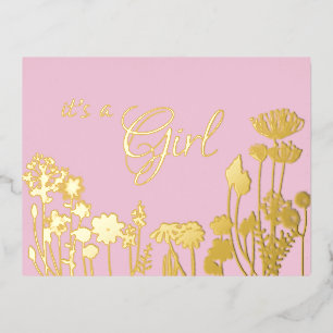 Pink   Gold Floral it's a Girl Birth Announcement
