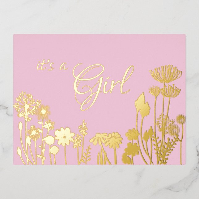Pink | Gold Floral it's a Girl Birth Announcement (Front)