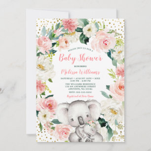 Pink Gold Floral Koala Girl Baby Shower Invitation