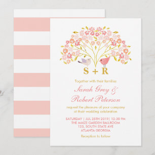 Pink Gold Floral Love Bird Wedding Invitation