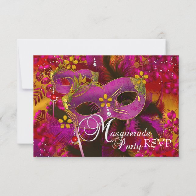 Pink Gold Floral Masquerade Party RSVP (Front)