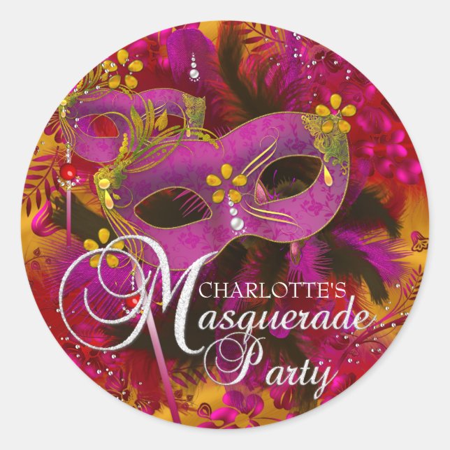 Pink & Gold Floral Masquerade Party Sticker (Front)