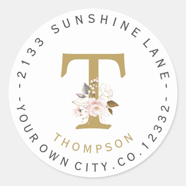 Pink Gold Floral Monogram Circular Address Label (Front)