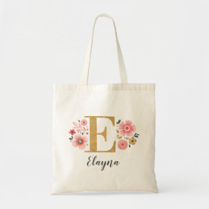 Pink Gold Floral Monogram Letter "E" Tote Bag