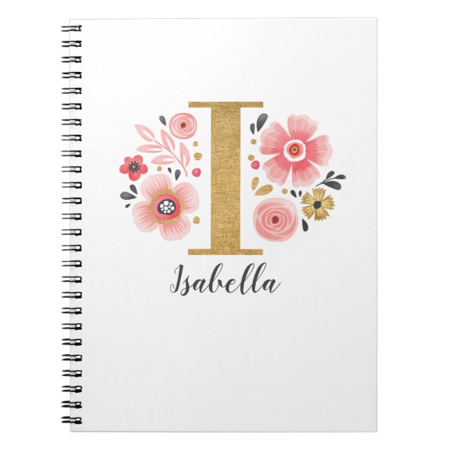 Pink Gold Floral Monogram Letter I Notebook (Front)