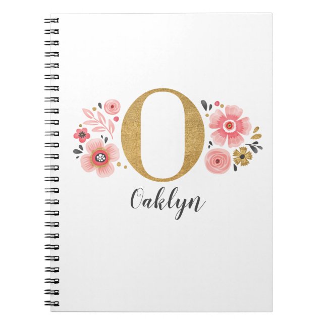 Pink Gold Floral Monogram Letter O Notebook (Front)