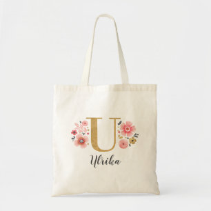 Pink Gold Floral Monogram Letter "U" Tote Bag