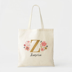 Pink Gold Floral Monogram Letter "Z" Tote Bag