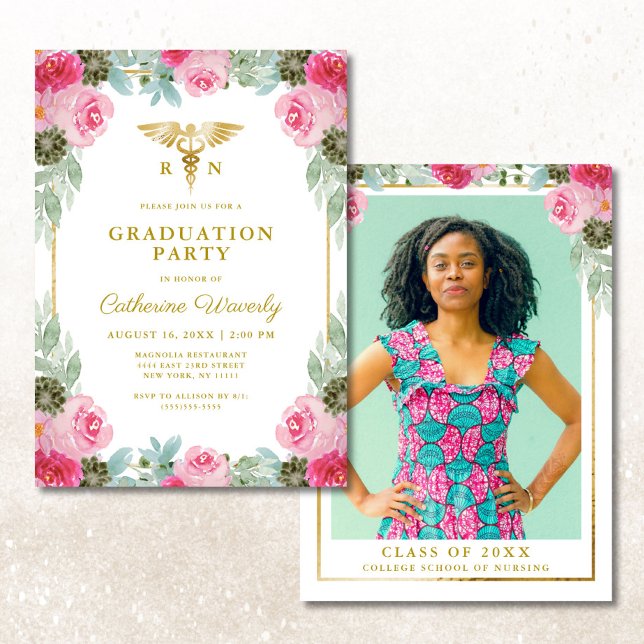 Pink Gold Floral Nursing School Photo Graduation Invitation (Creator Uploaded)