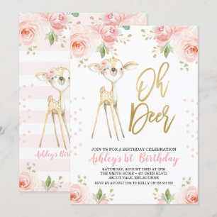Pink Gold Floral Oh Deer Birthday Invitation