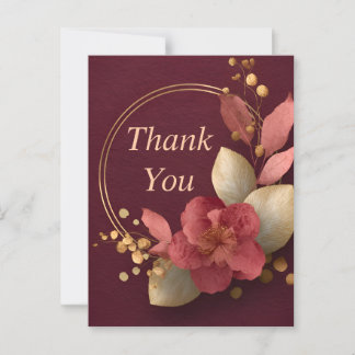 Pink Gold Floral on Burgundy Paper Thank You Card