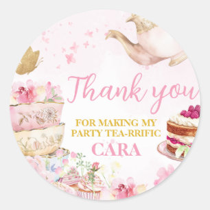 Pink Gold Floral Par-Tea Birthday Party Classic Round Sticker