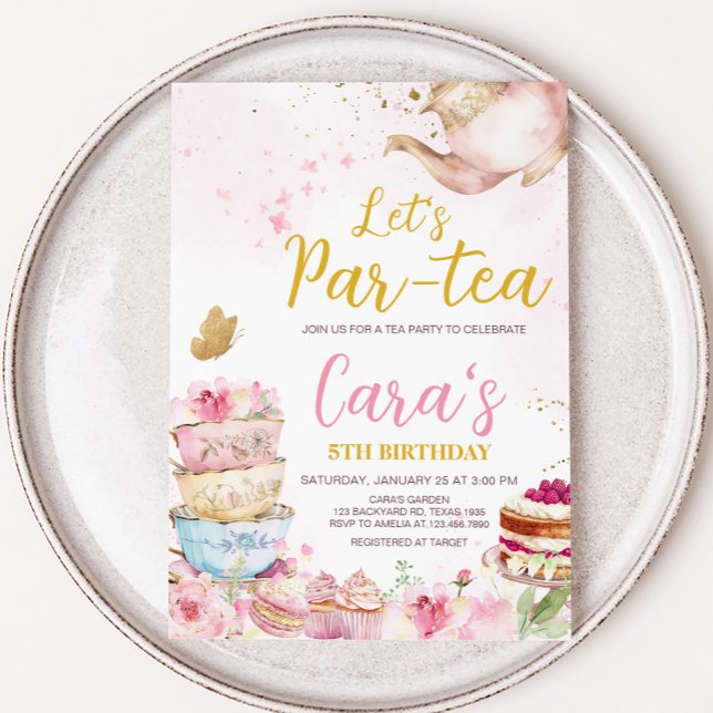 Pink Gold Floral Par-Tea Birthday Party Invitation (Pink Gold Floral Tea Par-Tea Birthday Party Invitation)