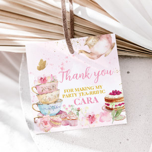 Pink Gold Floral Par-Tea Birthday Party Square Favour Tags