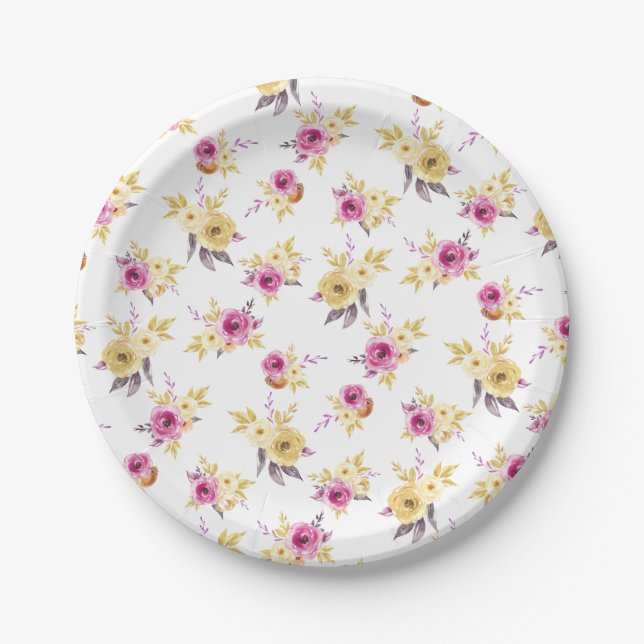 Pink Gold Floral Pattern Baby Shower Paper Plate (Front)