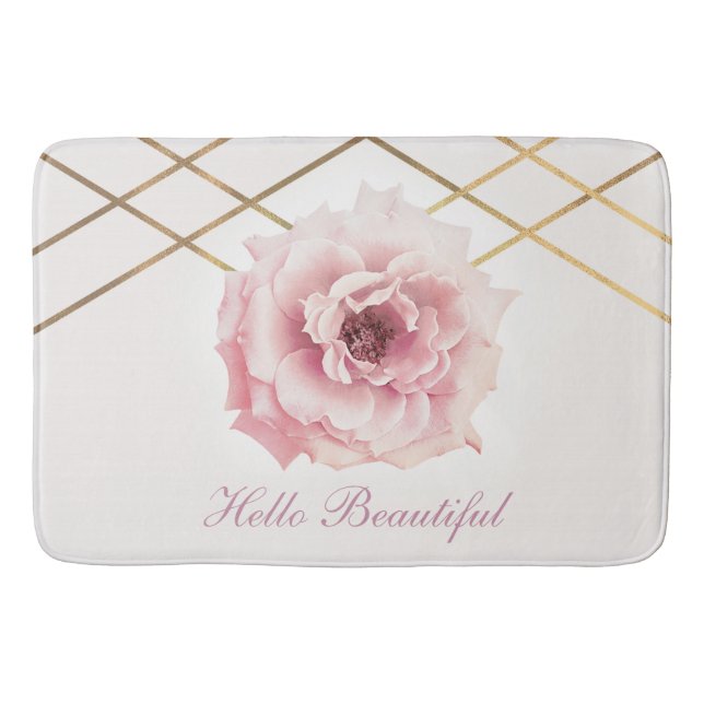 Pink & Gold Floral Peony Flower Glam Custom Bath Mat (Front)