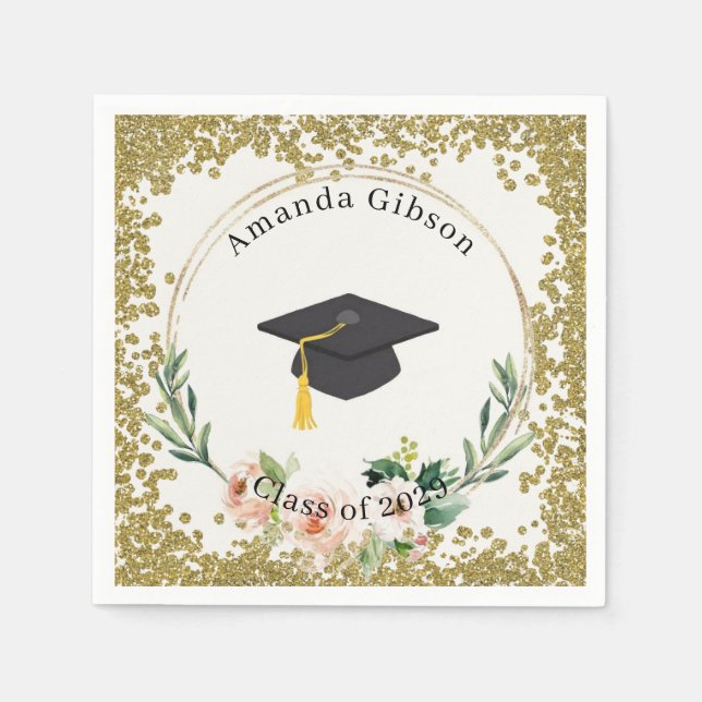 Pink & Gold Floral Personalised Graduation Party Napkin (Front)
