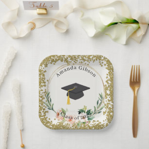 Pink & Gold Floral Personalised Graduation Party Paper Plate