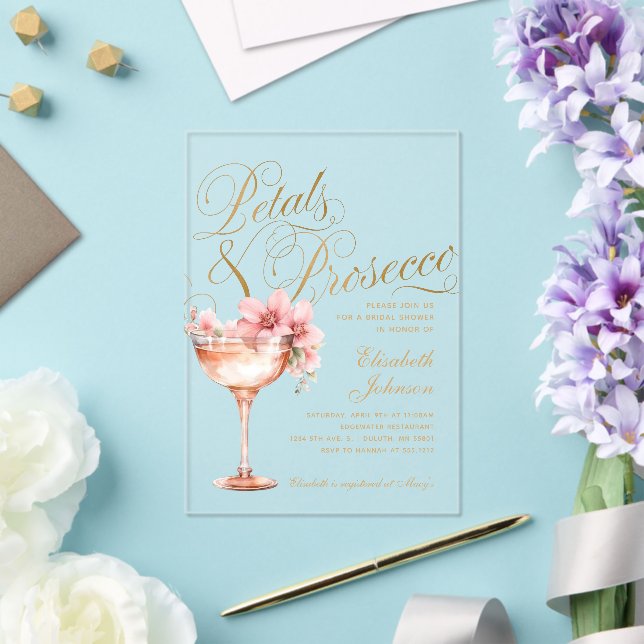 Pink Gold Floral Petals & Prosecco Bridal Shower Acrylic Invitations (Insitu (Wedding))