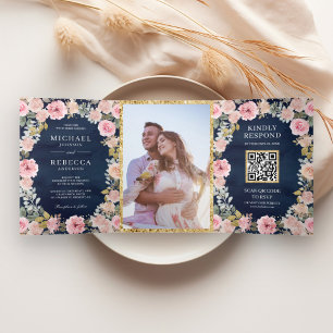 Pink Gold Floral Photo QR Code Navy Blue Wedding Tri-Fold Invitation
